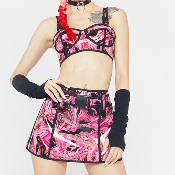 iHeartRaves Tops - rave set acid wash bra skirt pink adjustable new with tags festival edm pvc XS
